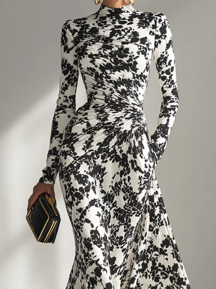 Jessy | Black And White Patterned Stretch Blend Wrap Dress