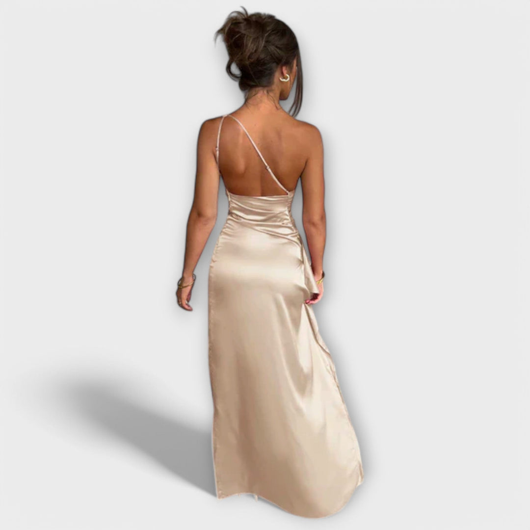 Elena | Asymmetrical Maxi Dress with Draping on One Arm