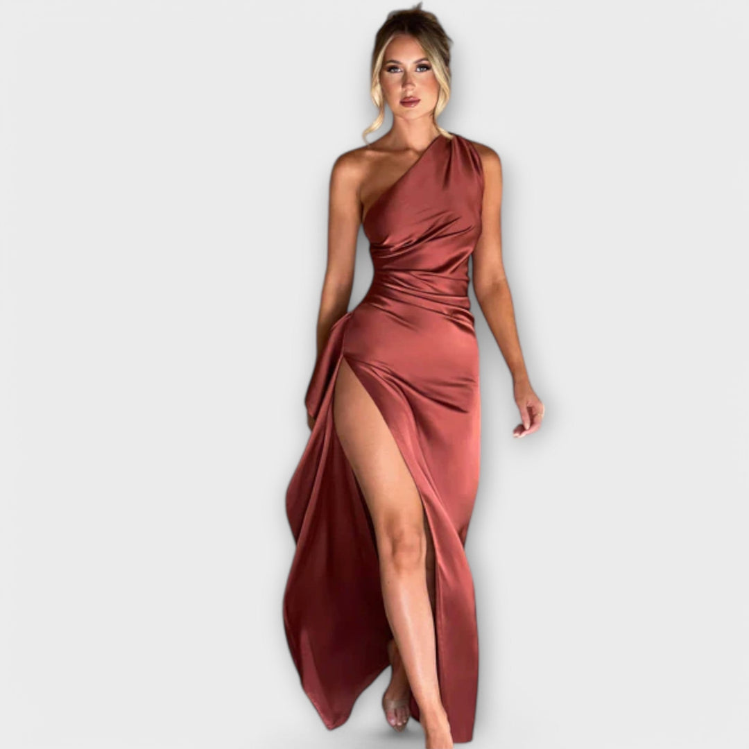 Elena | Asymmetrical Maxi Dress with Draping on One Arm
